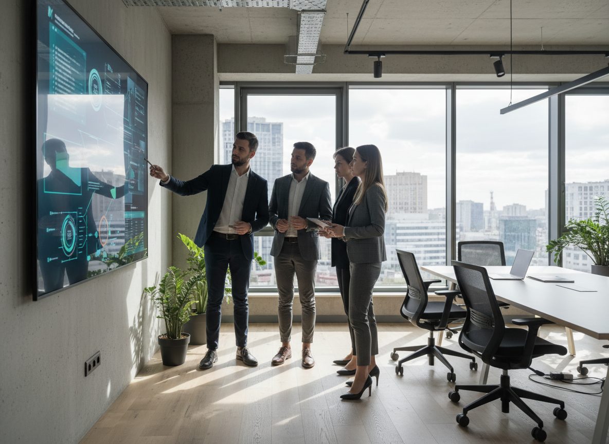 Команда B2B-агентства аналізує стратегію продажів у CRM на великому екрані